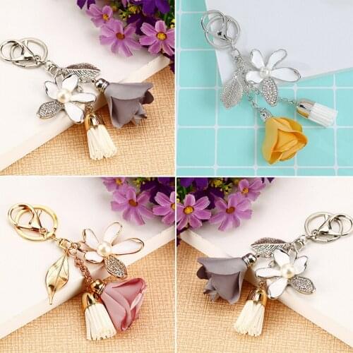 Cute Car keychain Key Chain Women Trinket Car bag Key Ring Jewelry Gift Crystal Tassel Flower Charm Car Accessories