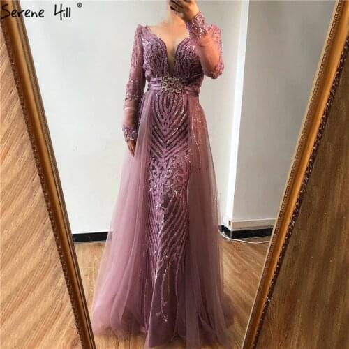 Muslim Pink Elegant Long Sleeves Mermaid with Detachable Train Evening Dresses Gowns For Woman Serene Hill Plus Size LA60858