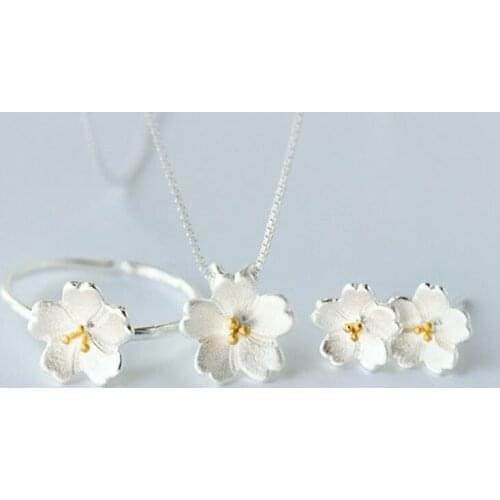 New Fashion 925 Silver Cherry Blossom Jewelry Set Simple Peach Blossom Stud Earrings Necklace Adjustable Ring Bracelet for Women