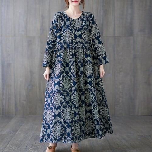 2021 New Print Floral Chinese Style Vintage Autumn Dress Cotton Linen Plus Size Women Spring Casual Dress Office Lady Work Dress