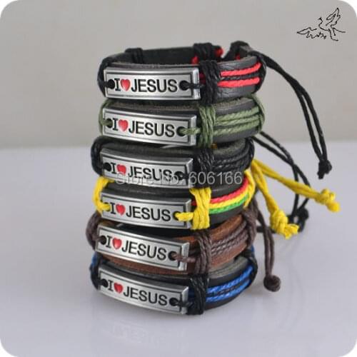 NEW 60pcs/lot MIX Color I Love JESUS Bracelets Leather Alloy ID Bracelet Fashion Catholic Christian Religious Jewelry