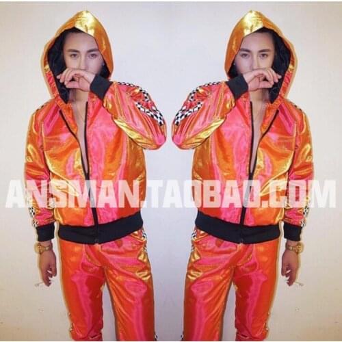 New Nightclub Bar Male Singer Coat Dj Symphony Orange Hip Hop Baseball Uniform Jacket Men Fashion Check Stitching Costume Suit