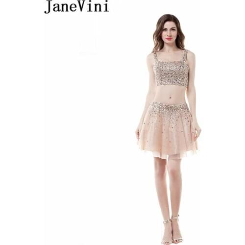 JaneVini Champagne Sexy Two Piece Short Homecoming Dresses Strapless Crystal Beaded Sleeveless Tulle Mini Graduation Party Gowns