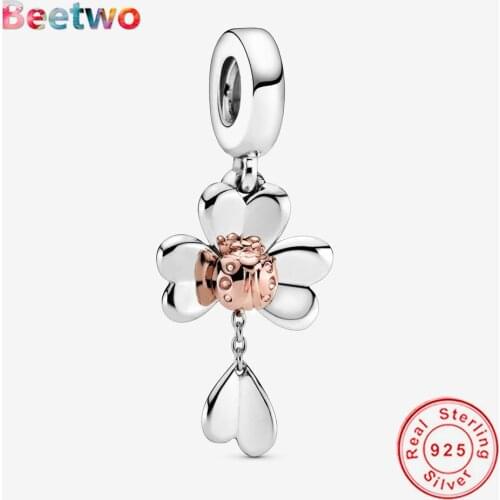 Fit Original Pandora Bracelet Charms Real 925 Silver Clover and Ladybird Dangle Charm Bead 925 Silver Berloque Women DIY Jewelry