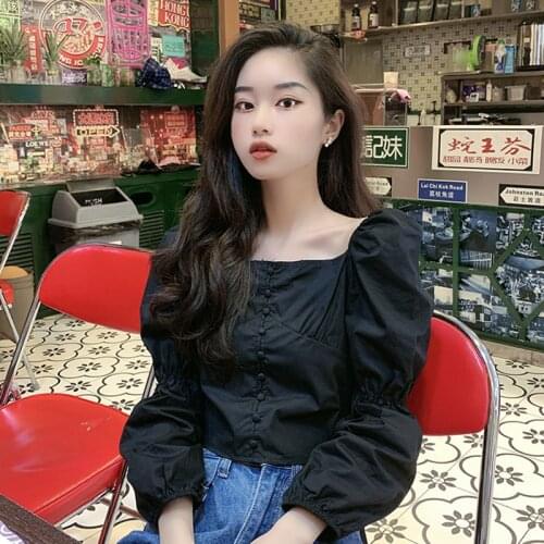 Blusa De Mujer Women New Blouses 2020 Korean Office Ladies Elegant And Tops Autumn Black Pure Color Retro Shirts Female A5838