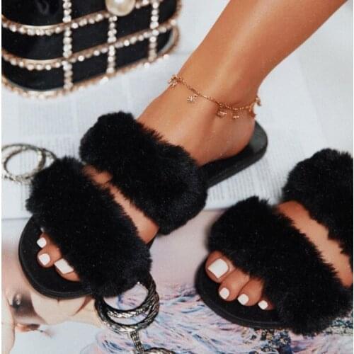 2020 Winter Fashion Women Home Slippers Faux Fur Warm Shoes Woman Slip on Flats Female Fur Flip Flops Pink Plus Size 43