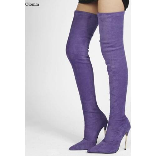 Olomm Women Spring Flexible Thigh Boots Stiletto Metal Heel Pointed Toe Gorgeous 10 Colors Club Wear Shoes Women US Size 5-13