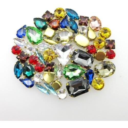 Gold claw setting glitter crystal sew on rhinestone wedding dress clothes shoes bags diy colorful trim mix 13 shapes 50pcs/pack