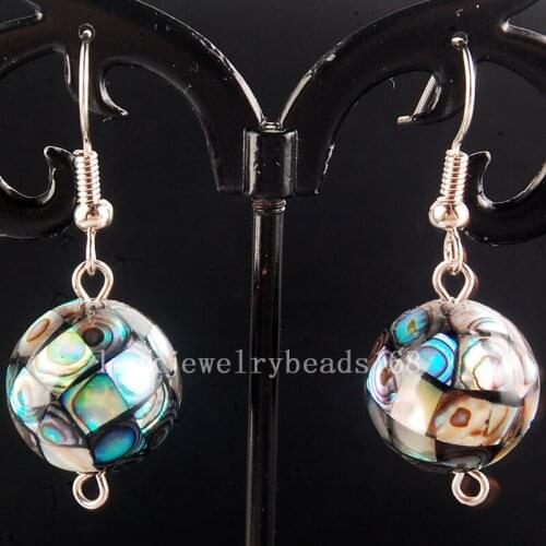 Free Shipping Fashion Jewelry 14mm Beautiful New Zealand Ablone Shell Art Ball Round Dangle Earrings Pair C4207