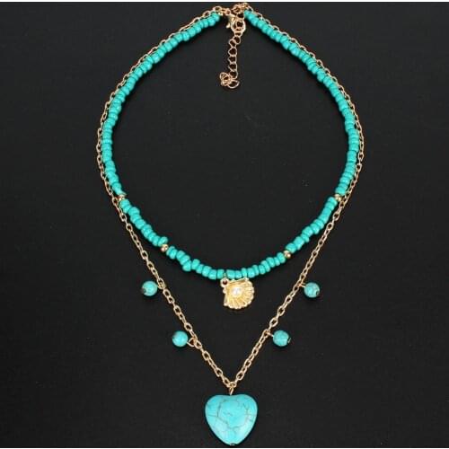 Heart Pendant Necklace Bohemian Statement Fashion Two Layer Seed Bead Chains Natural Stone Necklace For Women Gift