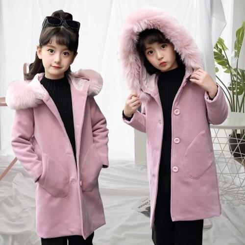 Girl coat autumn and winter thick woolen coat coat medium-length hooded fur collar coat for children girls plus cotton warm coat
