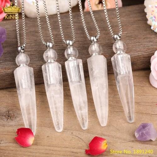 Natural White Quartz Crystal Stick Point Perfume Bottle Essential Oil Diffuser Pendant Necklace For Women Statement Jewelry