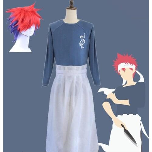 Food Wars Shokugeki no Soma Yukihira Souma Cosplay Costume Uniform Suit Tops Shirt + Apron + Scarf + Wig Set Bear Apron Red Wig