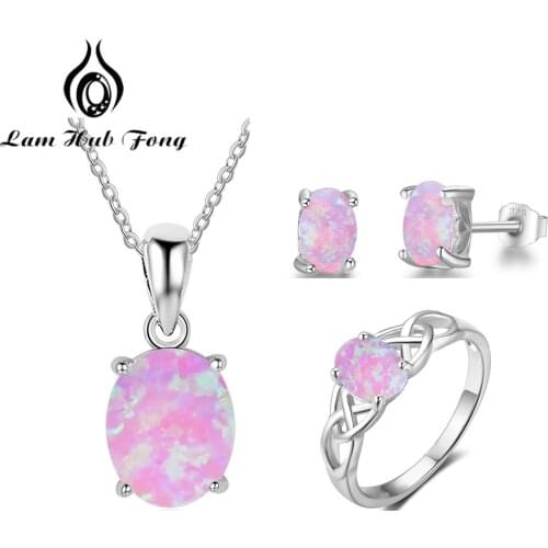 925 Sterling Silver Jewelry Sets for Women Created Pink Opal Rings Pendant Necklaces Stud Earrings Fine Jewelry (Lam Hub Fong)