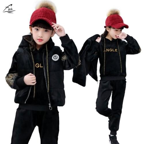 FYH New Kids Clothing Girls Winter Suit Gold Velvet Children Clothing Set Vest+ Hooded Sweatshirt+Pants Warm Thicken Casual Set