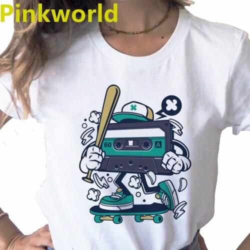 Summer Radio Tape Music Cartoon Print Ladies T-shirt casual basics O-collar white shirt short sleeve ladies T-shirt,Drop Ship