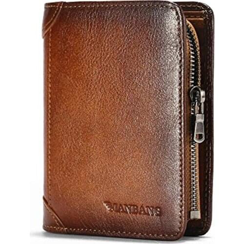 ManBang Men Wallet Zipper Genuine Leather RFID Card Holders Cowhide Zip Coin Pocket Bifold wallets for men Brown high quality