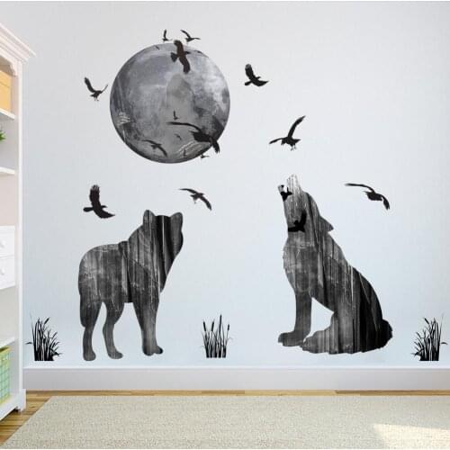 War Wolf Watching Moon Wall Sticker Living Room Bedroom Home Living Room TV Background Decal Decoration Removable Wall Sticker