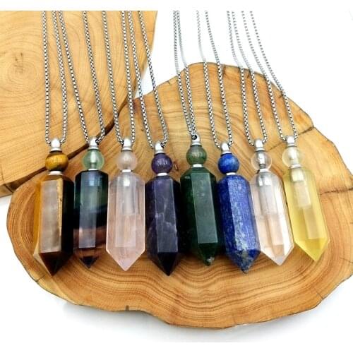 Natural Hexagon prism perfume bottle Pendant Genuine Gems stone vial rose quartzs crystal amethysts diffuser for Necklace