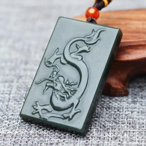 Natural Dark Green HETIAN Nephrite Jades Pendant 3D Carved Chinese Dragon Pendants Necklace Gift for Mens Jades Stone Jewelry