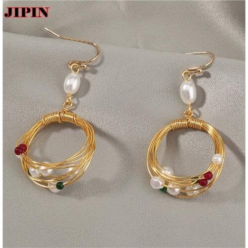 New Fashionable Simple Retro Trend Earrings Handmade Circle Pearl Natural Stone Earrings Jewelry Women Gift B01151