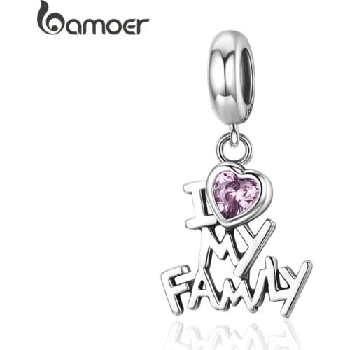 BAMOER Genuine 925 Sterling Silver I Love My Family Heart Dangle Charms fit Women Charm Bracelets Jewelry Family Gift SCC251