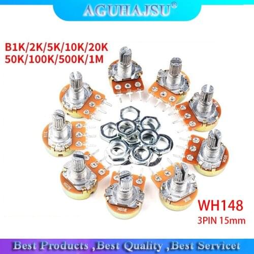 10PCS WH148 Potentiometer 3PIN 15mm Shaft With Nuts And Washers WH148 B1K B2K B5K B10K B20K B50K B100K B250K B500K B1M
