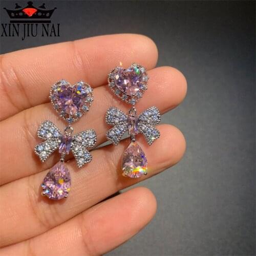 925 silver temperament heart-shaped water drop earrings girls small fresh bow romantic lovely womens brand jewelry