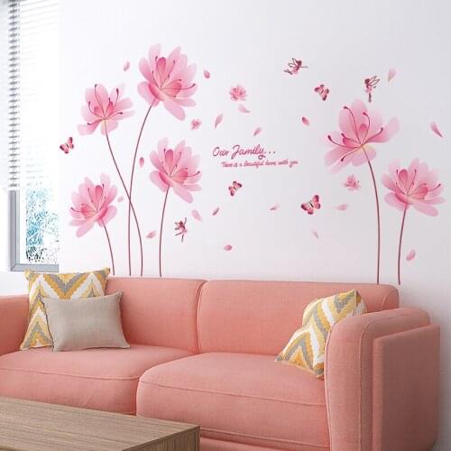 [SHIJUEHEZI] Pink Flowers Wall Stickers DIY Plants Wall Decals for Living Room Bedroom Kitchen Nursery Home Wedding Decoration
