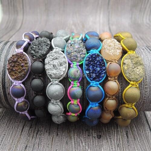 Titanium Colors Agat e Druzy Oval Flat Beads 8mm Frosted Beads Hand Knitted Bracelets Approx 8 Inch