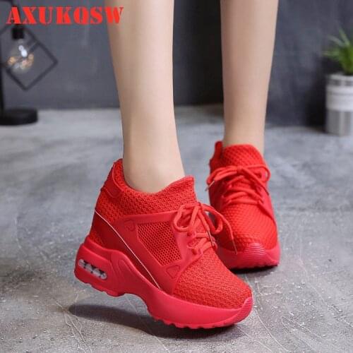 Height Increasing Shoes Red Mesh Leisure Women Shoes Summer Lace-up Breathable Womens sneakers Wedge Air Cushion Running Shoes