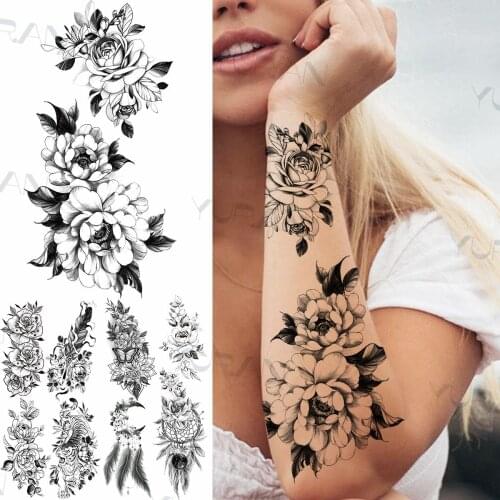 Forearm Rose Peony Temporary Tattoos For Women Girls Adult Fake Dream Catcher Feather Tiger Tattoo Sticker Large Tatoos
