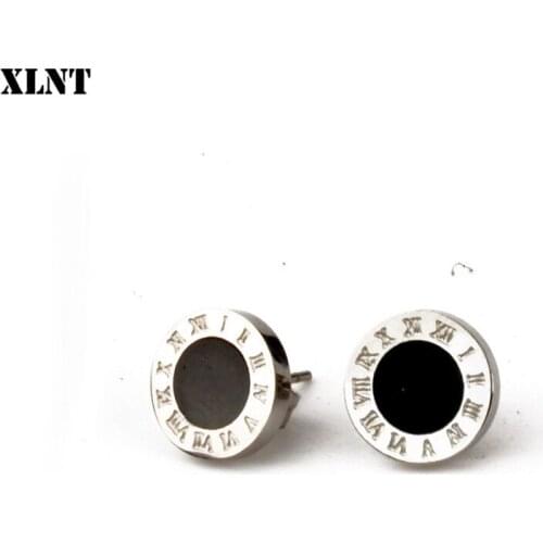 XLNT Korean Round Stud Earrings For Women Man Silver Stainless Steel Roman Numeral Earrings Lady Brincos 2019 Fashion Jewelry