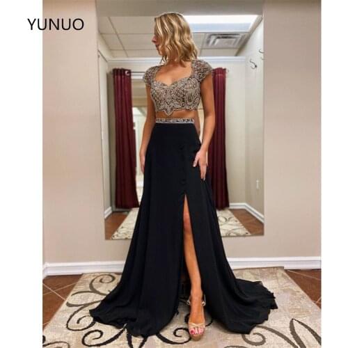 YUNUO Sweetheart A-Line Custom Formal Evening Dresses Beading 2021 Beading Cap Sleeves Black Prom Dress vestidos elegantes