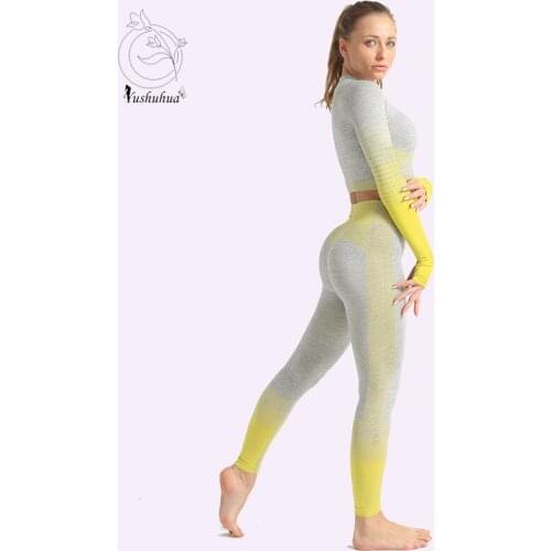 Yushuhua Women Vital Seamless Yoga Set Gym Clothing Fitness Leggings+Cropped Shirts Sport Suit Women Long Sleeve Tracksuit