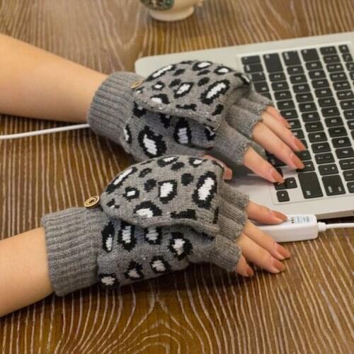 Women Men Winter Knitted USB Heated Fingerless Gloves Leopard Jacquard Adjustable Temperature Timer Convertible Flip Top Half F