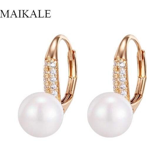 MAIKALE Simple Round Pearl Earrings Gold/Silver Color Plated Zirconia Earrings with Pearls Stud Earrings for Women Jewelry Gifts