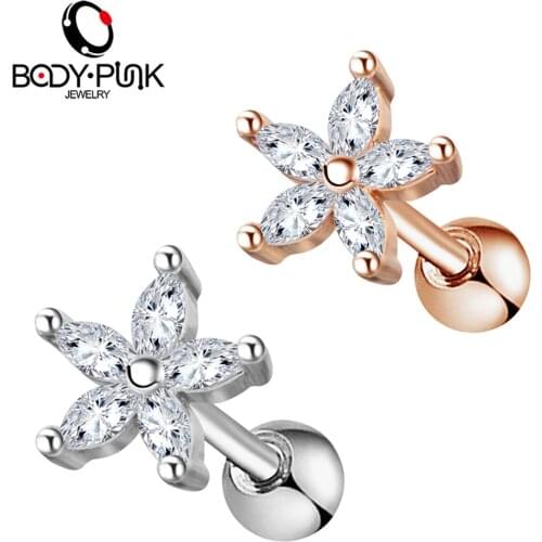 Body Punk Ear Tragus Cartilage Earrings Piercing Crystal Flower Screw Lobe Earrings Barbell Stud Helix Cute Body Jewelry Women