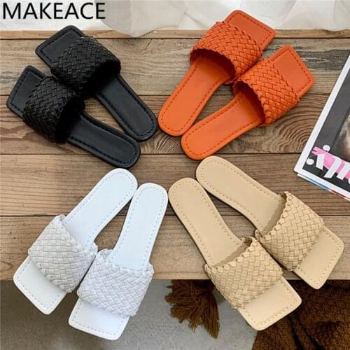 Orange Black Real leather slippers Woman Square toe braid leather summer slipper flat heel beach shoes womens dress mules 2021