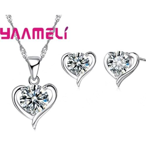 New 925 Sterling Silver Cubic Zirconial Heart Shape Fine Jewelry Sets for Women Wedding Necklace Earrings Gift Sets