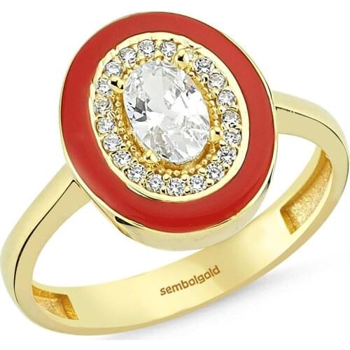 Gold Ring Red Enamel Oval Stone Custom Design Handy Custom Craftsmanship Gift Gold Special Occasions Design Shiny Elegant