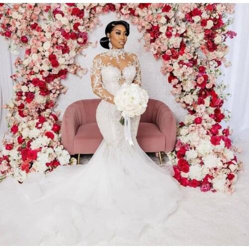 2021 Plus Size Mermaid Wedding Dresses Lace Beads Appliques High Collar Trumpet Bridal Gowns Long Sleeve Bohemian Robe De Soirée