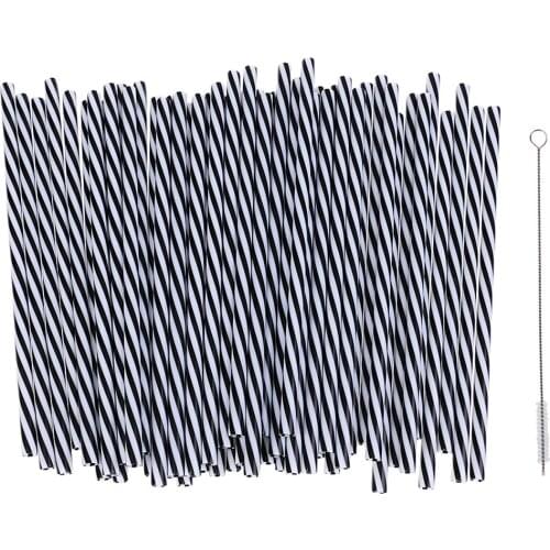 50x Striped Hard Plastic Reusable Jar Straw + 1x Brush Cocktail Drinking Bar