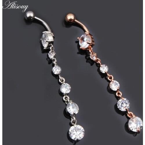 Alisouy 1pc navel sex Women long Dangle Belly Button Rings Steel Rose Gold Stainless Steel Navel Piercing omblingo Body Jewelry