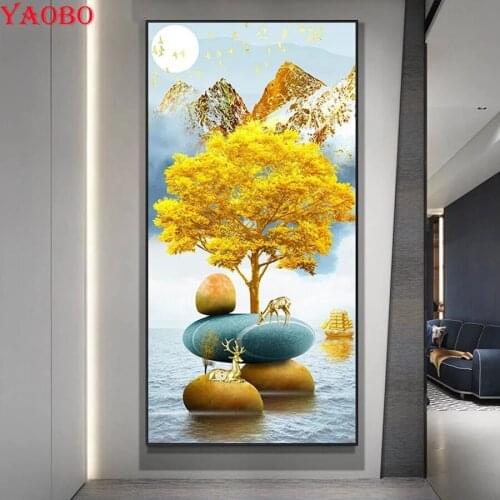 Diamond Embroidery Fortune Tree Golden Deer Full Square Round Diy Rhinestone Painting Mosaic Cross Stitch Aisle corridor decor