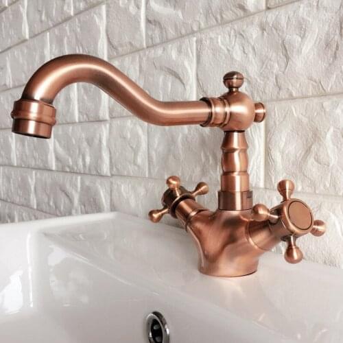 Antique Red Copper Brass Dual Cross Handles Swivel Spout Bathroom Kitchen Basin Sink Faucet Mixer Tap mrg053