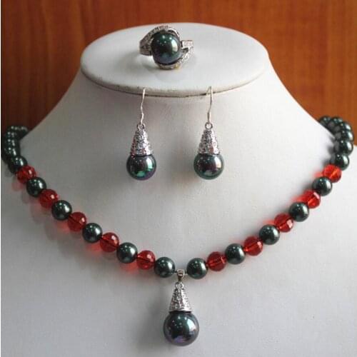 Free Shipping birthday gift! jewelry set!Wholesale noble Womens 8mm black pearl mixed red crystal Necklace earring ring(7/8/9)