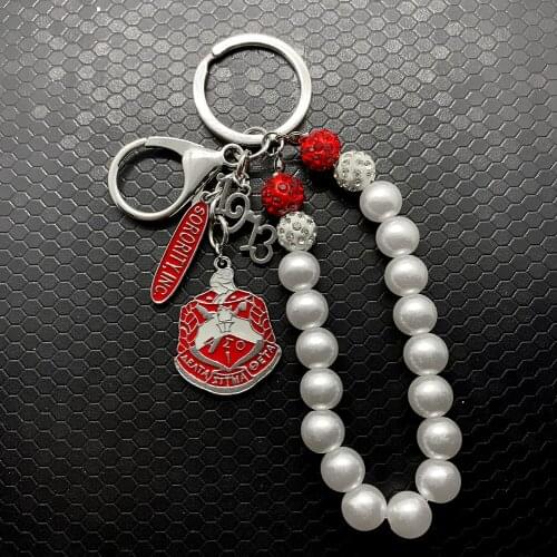 Red Greek letter sorority DELTA society enamel metal pendant keychain imitation pearl key chain