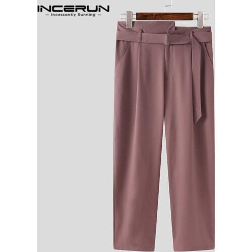 INCERUN Man Zipper Pants With Belts Men Straight Pants Solid Color High Waist Trousers Fashion Irregular Waistband Pantalon 5XL