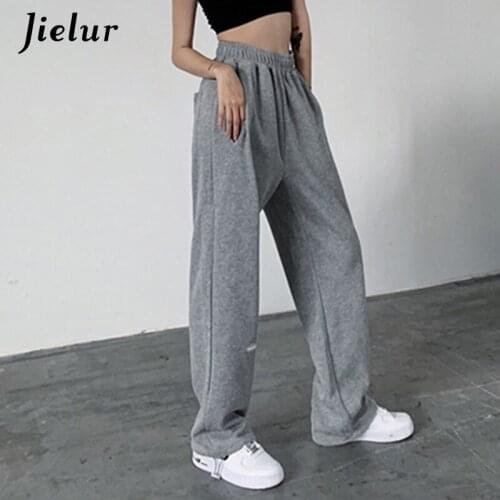 Jielur Casual Pants Women Grey High Waist Applique Trousers Fashion Harajuku BF Comfortable Elastic Waist Loose Pants Pockets